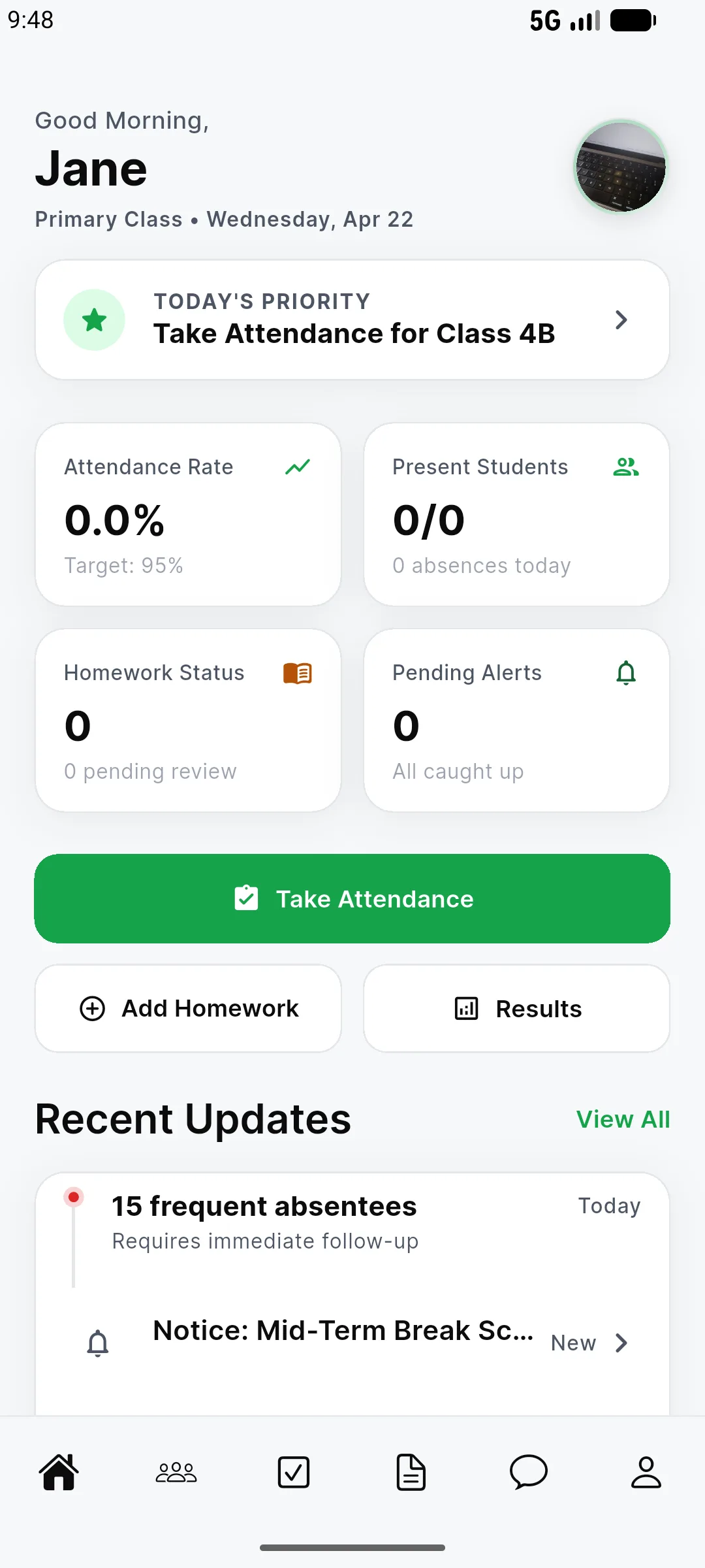 EBingwa teacher mobile dashboard showing class tasks and school updates
